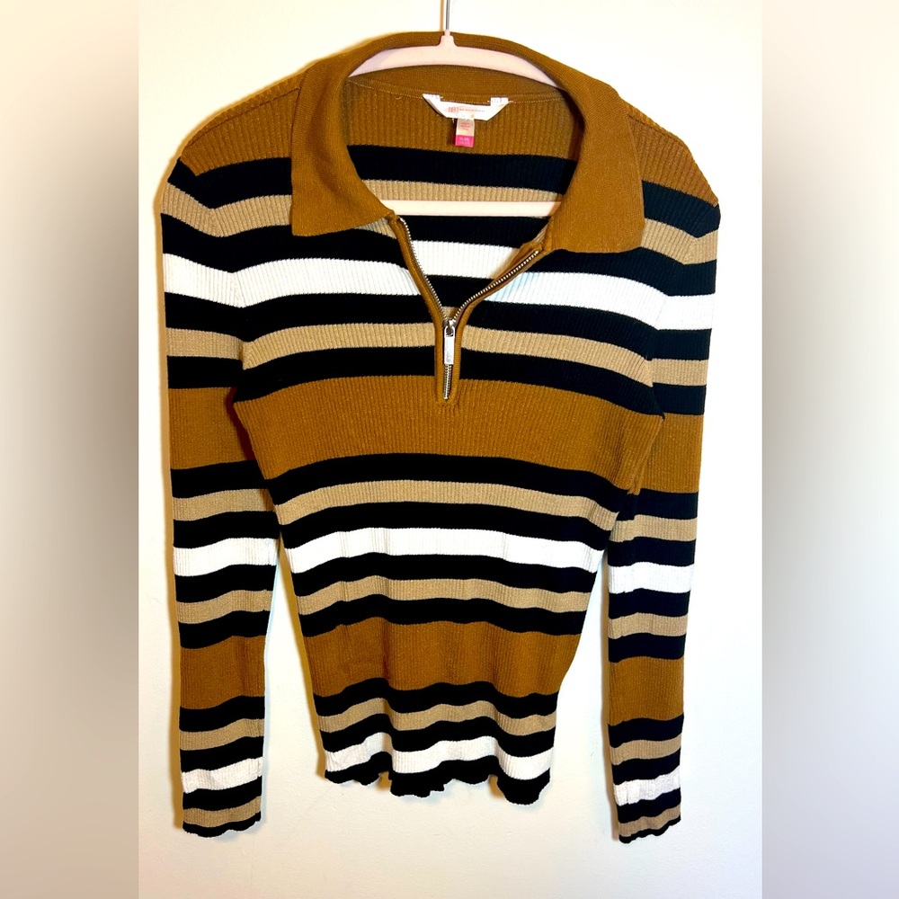Brown Ribbed Knit 3/4 Zip Up Collar Long Sleeve Shirt Size XL